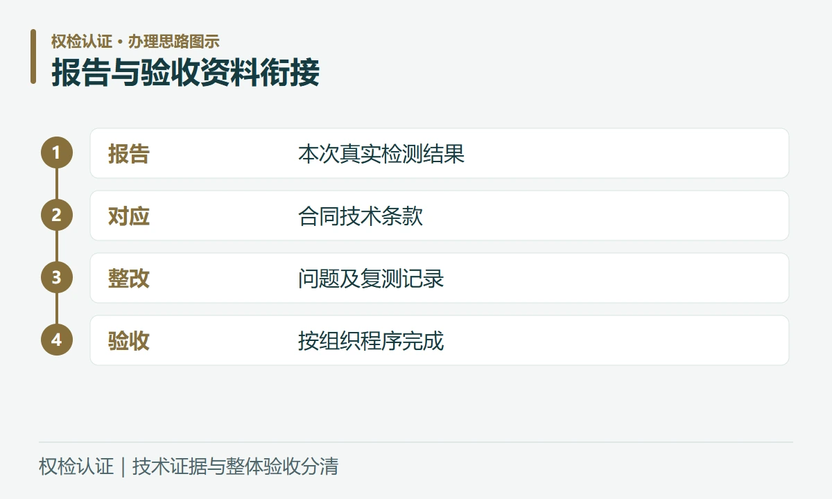 报告与验收资料衔接:报告,本次真实检测结果;对应,合同技术条款;整改,问题及复测记录;验收,按组织程序完成