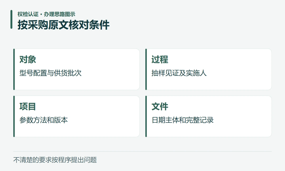 按采购原文核对条件:对象,型号配置与供货批次;过程,抽样见证及实施人;项目,参数方法和版本;文件,日期主体和完整记录