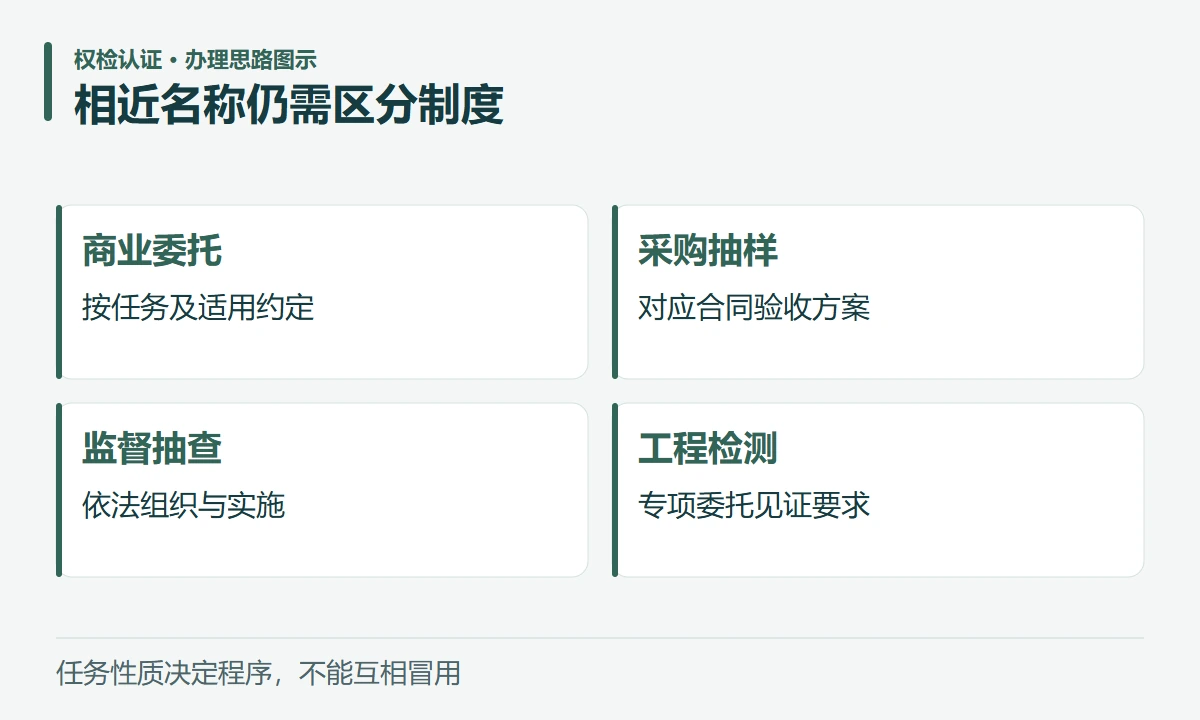 相近名称仍需区分制度:商业委托,按任务及适用约定;采购抽样,对应合同验收方案;监督抽查,依法组织与实施;工程检测,专项委托见证要求