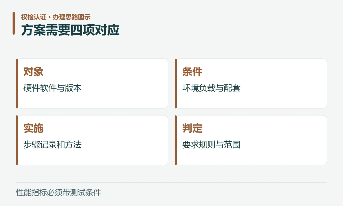 方案需要四项对应:对象,硬件软件与版本;条件,环境负载与配套;实施,步骤记录和方法;判定,要求规则与范围