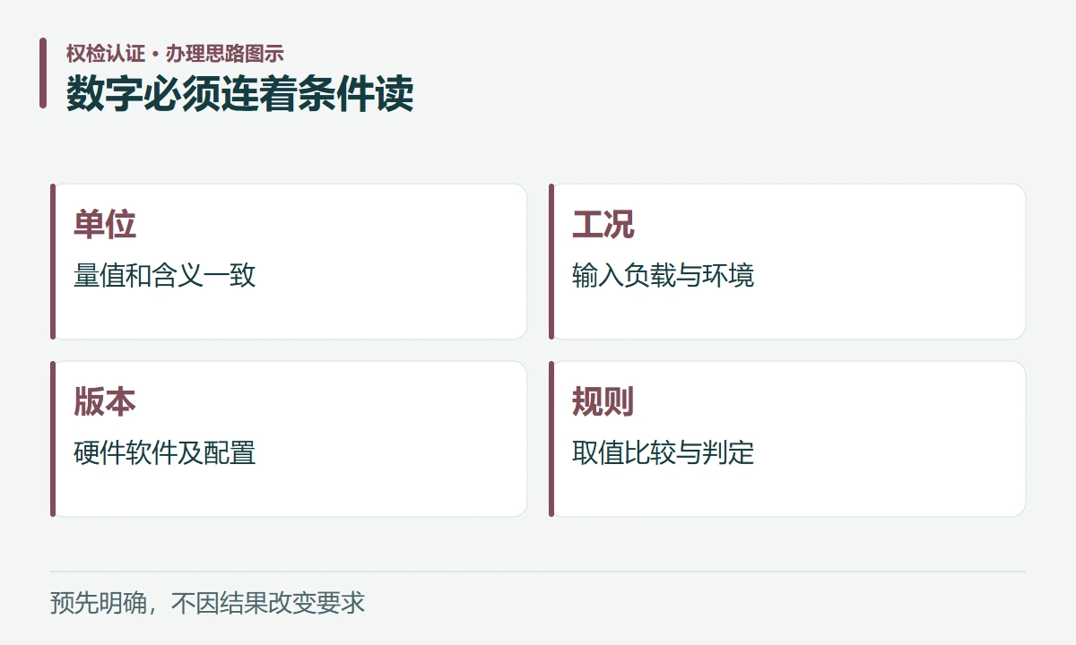 数字必须连着条件读:单位,量值和含义一致;工况,输入负载与环境;版本,硬件软件及配置;规则,取值比较与判定