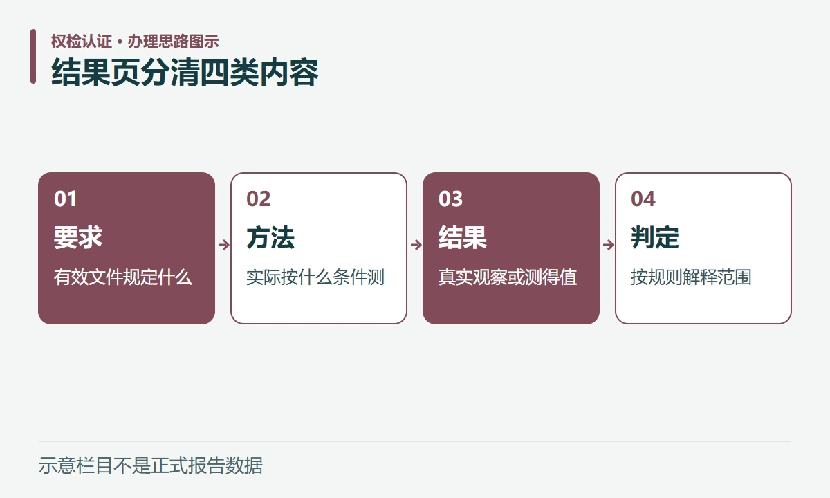 结果页分清四类内容:要求,有效文件规定什么;方法,实际按什么条件测;结果,真实观察或测得值;判定,按规则解释范围