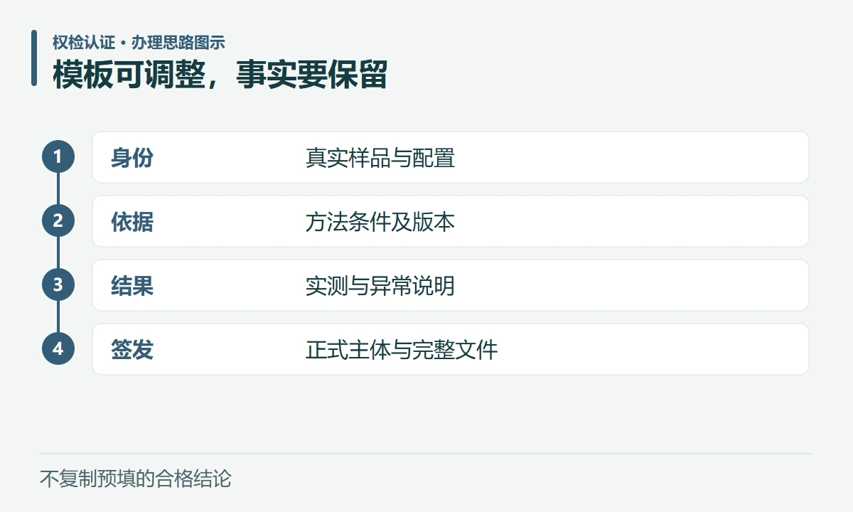 模板可调整,事实要保留:身份,真实样品与配置;依据,方法条件及版本;结果,实测与异常说明;签发,正式主体与完整文件