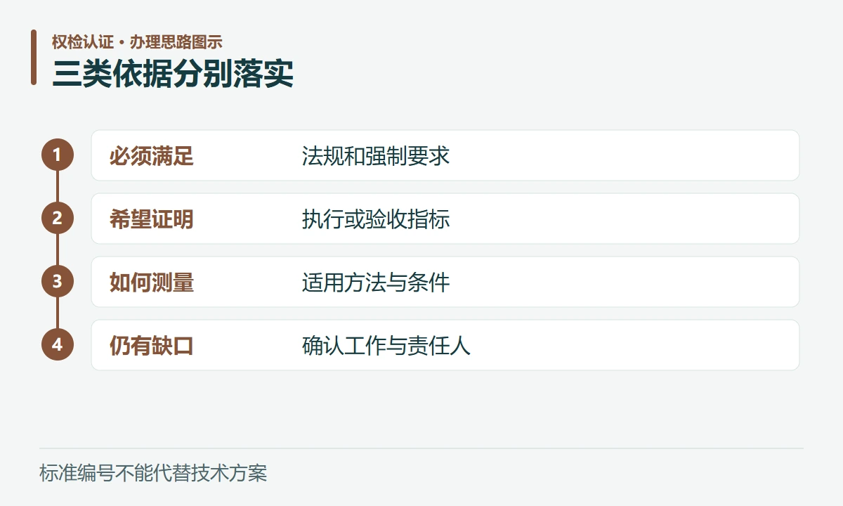 三类依据分别落实:必须满足,法规和强制要求;希望证明,执行或验收指标;如何测量,适用方法与条件;仍有缺口,确认工作与责任人