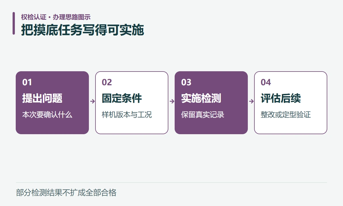 把摸底任务写得可实施:提出问题,本次要确认什么;固定条件,样机版本与工况;实施检测,保留真实记录;评估后续,整改或定型验证