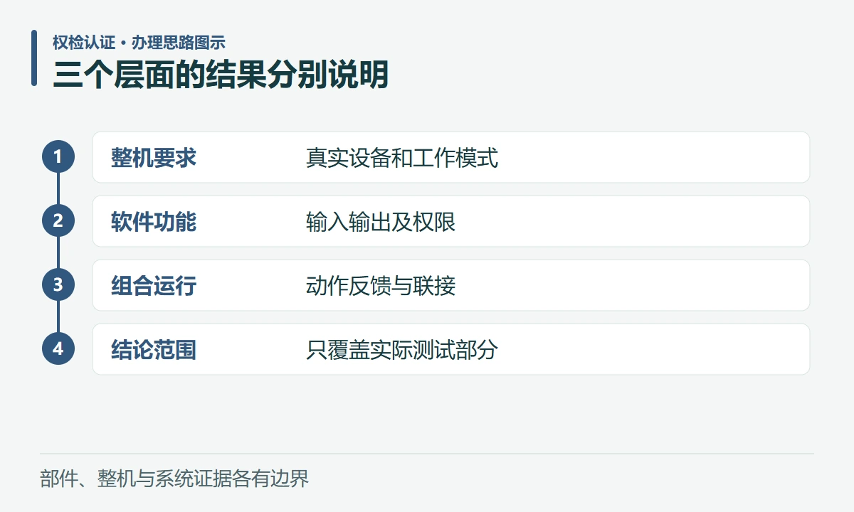 三个层面的结果分别说明:整机要求,真实设备和工作模式;软件功能,输入输出及权限;组合运行,动作反馈与联接;结论范围,只覆盖实际测试部分