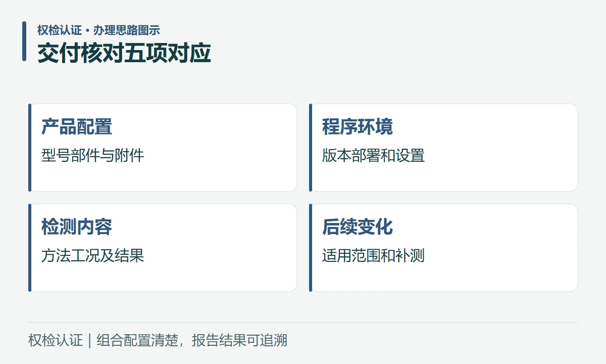交付核对五项对应:产品配置,型号部件与附件;程序环境,版本部署和设置;检测内容,方法工况及结果;后续变化,适用范围和补测