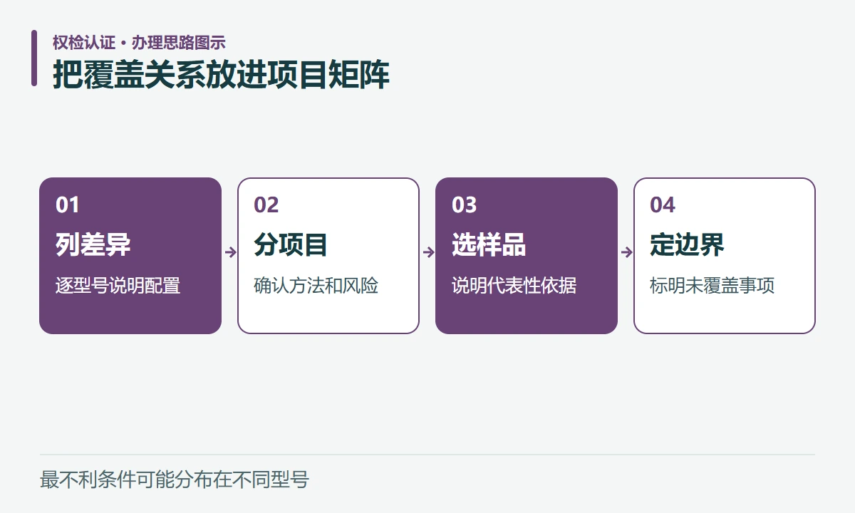 把覆盖关系放进项目矩阵:列差异,逐型号说明配置;分项目,确认方法和风险;选样品,说明代表性依据;定边界,标明未覆盖事项