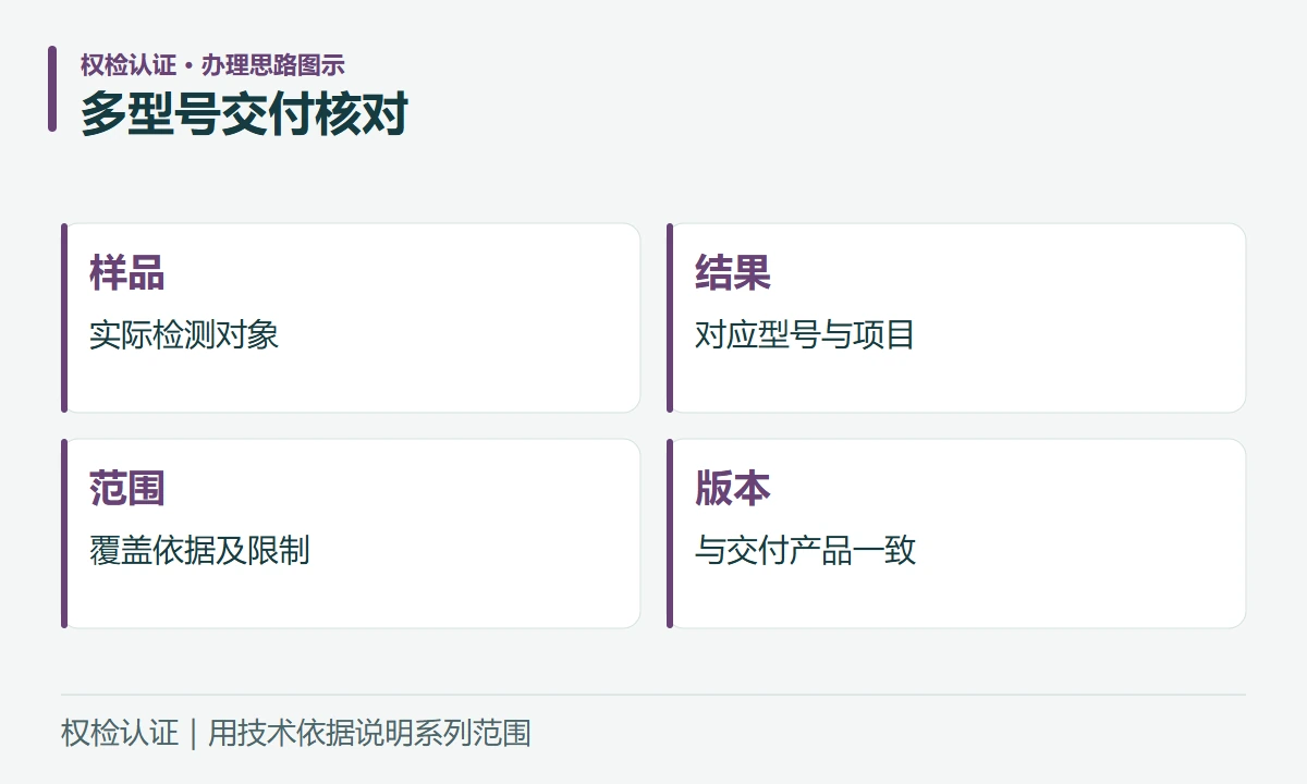 多型号交付核对:样品,实际检测对象;结果,对应型号与项目;范围,覆盖依据及限制;版本,与交付产品一致