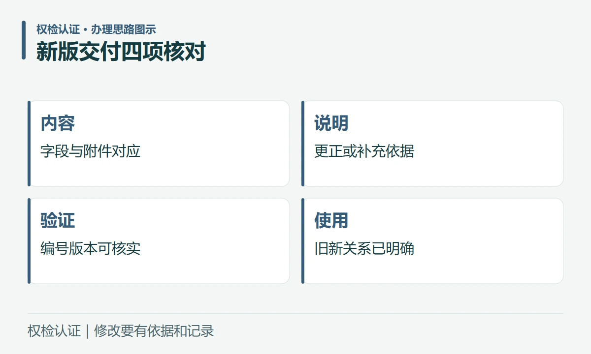新版交付四项核对:内容,字段与附件对应;说明,更正或补充依据;验证,编号版本可核实;使用,旧新关系已明确