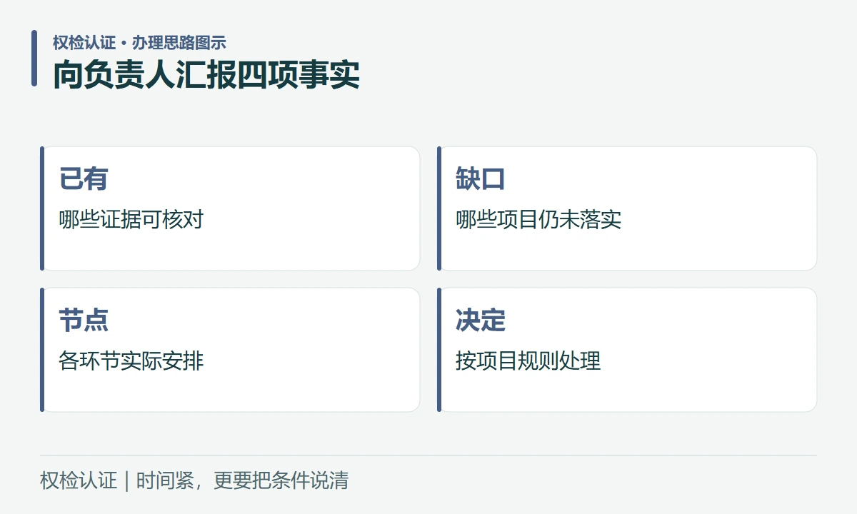 向负责人汇报四项事实:已有,哪些证据可核对;缺口,哪些项目仍未落实;节点,各环节实际安排;决定,按项目规则处理