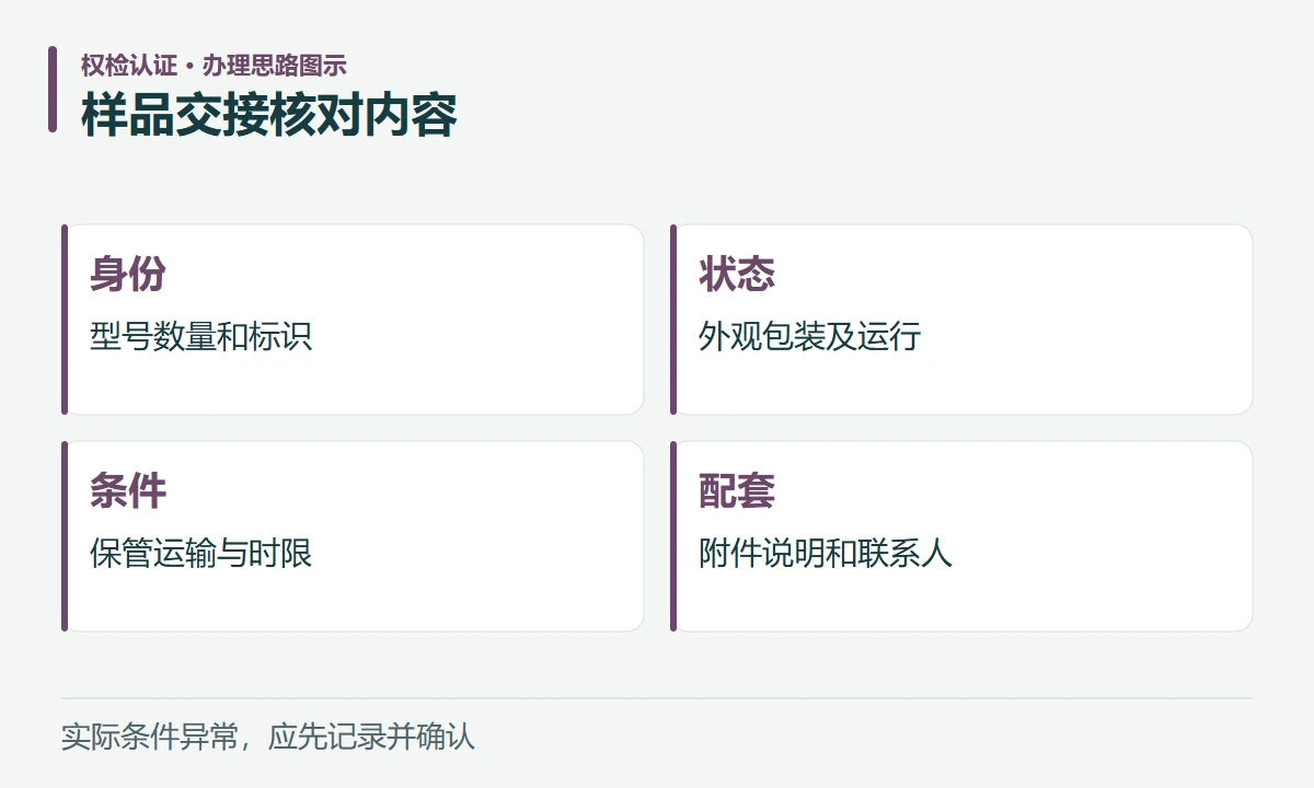 样品交接核对内容:身份,型号数量和标识;状态,外观包装及运行;条件,保管运输与时限;配套,附件说明和联系人