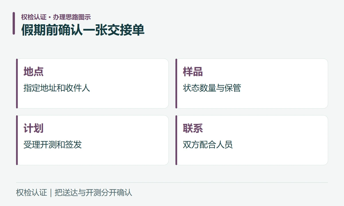 假期前确认一张交接单:地点,指定地址和收件人;样品,状态数量与保管;计划,受理开测和签发;联系,双方配合人员