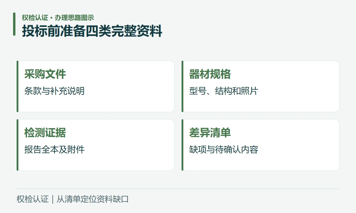 投标前准备四类完整资料:采购文件,条款与补充说明;器材规格,型号、结构和照片;检测证据,报告全本及附件;差异清单,缺项与待确认内容