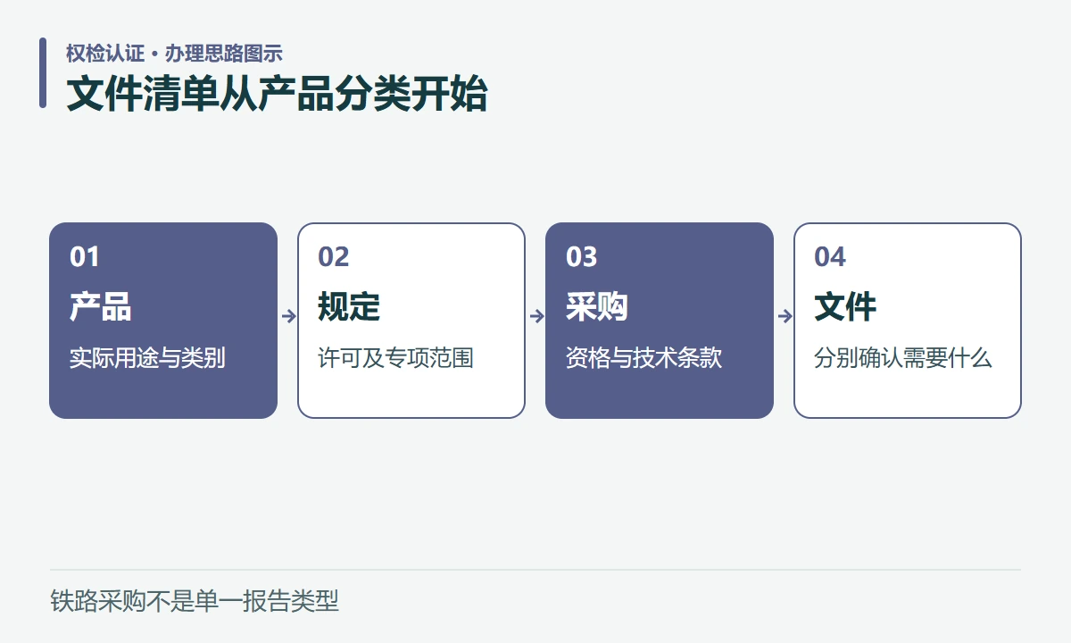 文件清单从产品分类开始:产品,实际用途与类别;规定,许可及专项范围;采购,资格与技术条款;文件,分别确认需要什么