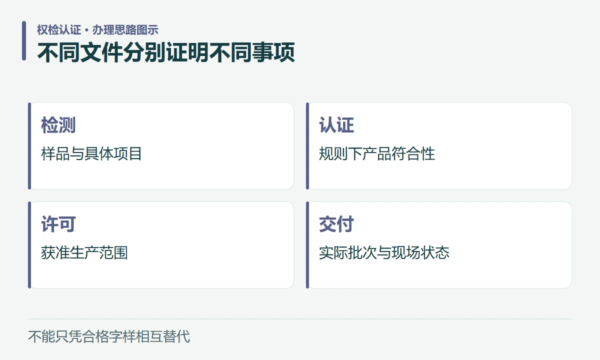 不同文件分别证明不同事项:检测,样品与具体项目;认证,规则下产品符合性;许可,获准生产范围;交付,实际批次与现场状态