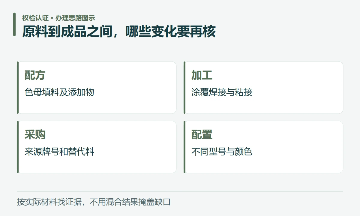 原料到成品之间,哪些变化要再核:配方,色母填料及添加物;加工,涂覆焊接与粘接;采购,来源牌号和替代料;配置,不同型号与颜色