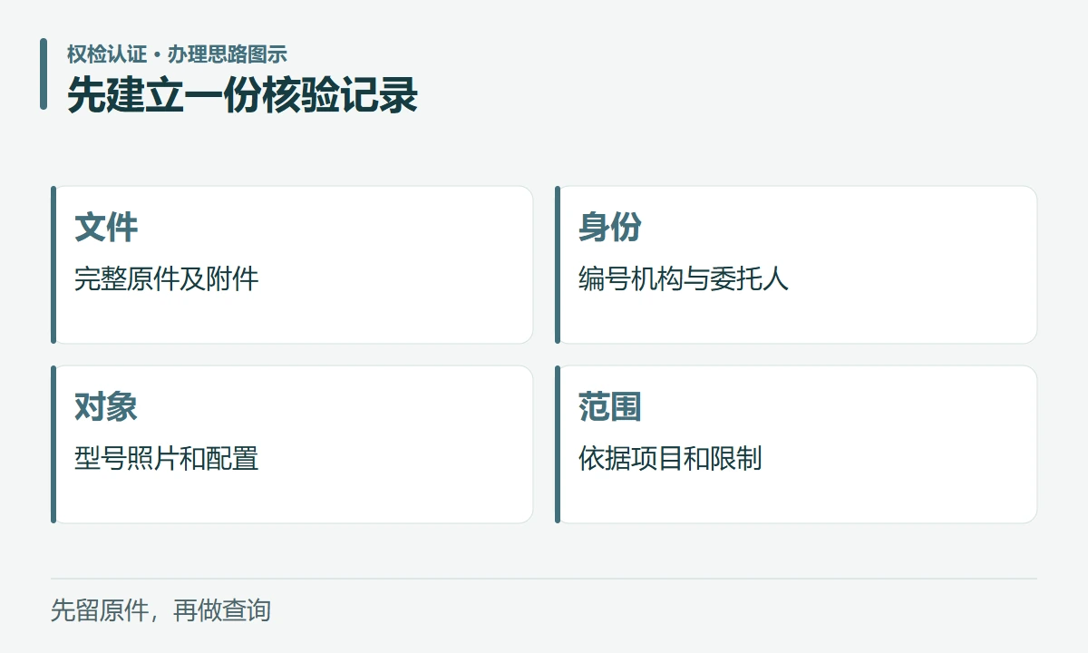 先建立一份核验记录:文件,完整原件及附件;身份,编号机构与委托人;对象,型号照片和配置;范围,依据项目和限制