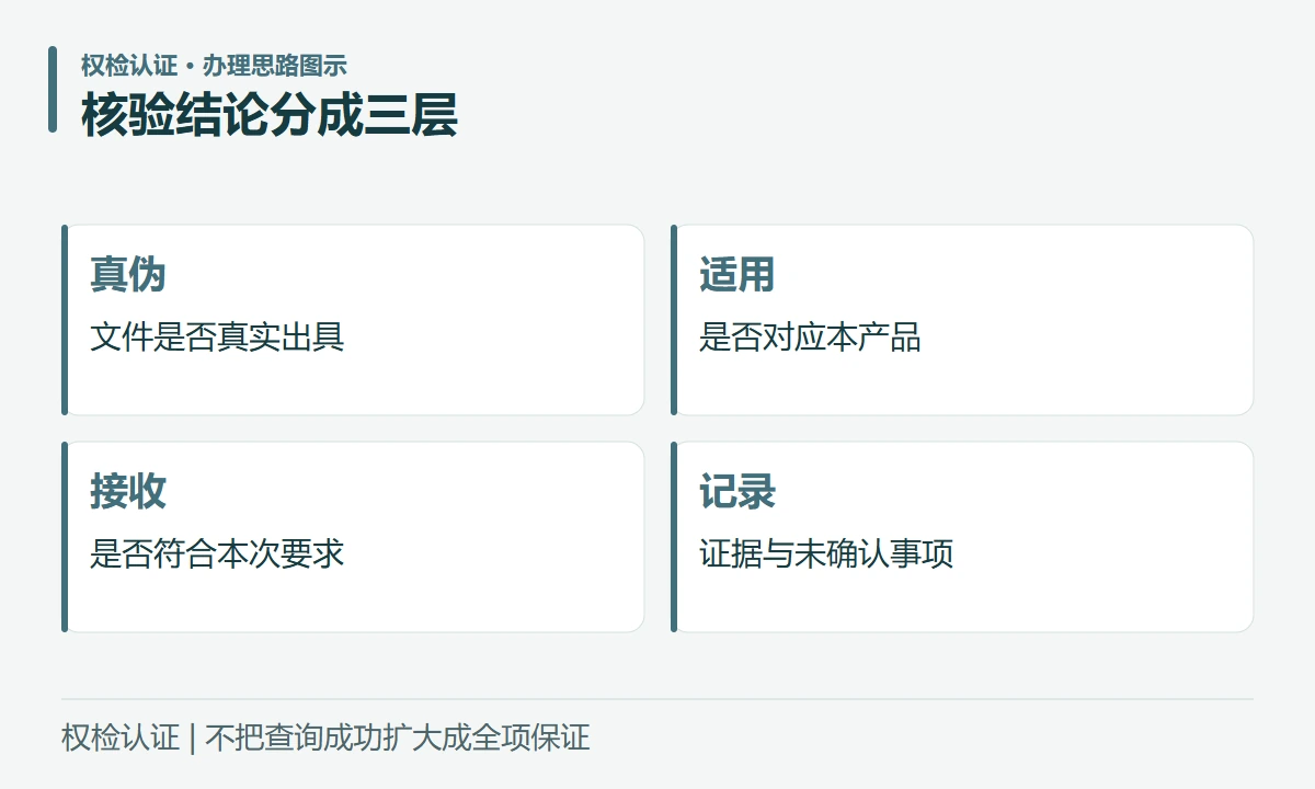 核验结论分成三层:真伪,文件是否真实出具;适用,是否对应本产品;接收,是否符合本次要求;记录,证据与未确认事项