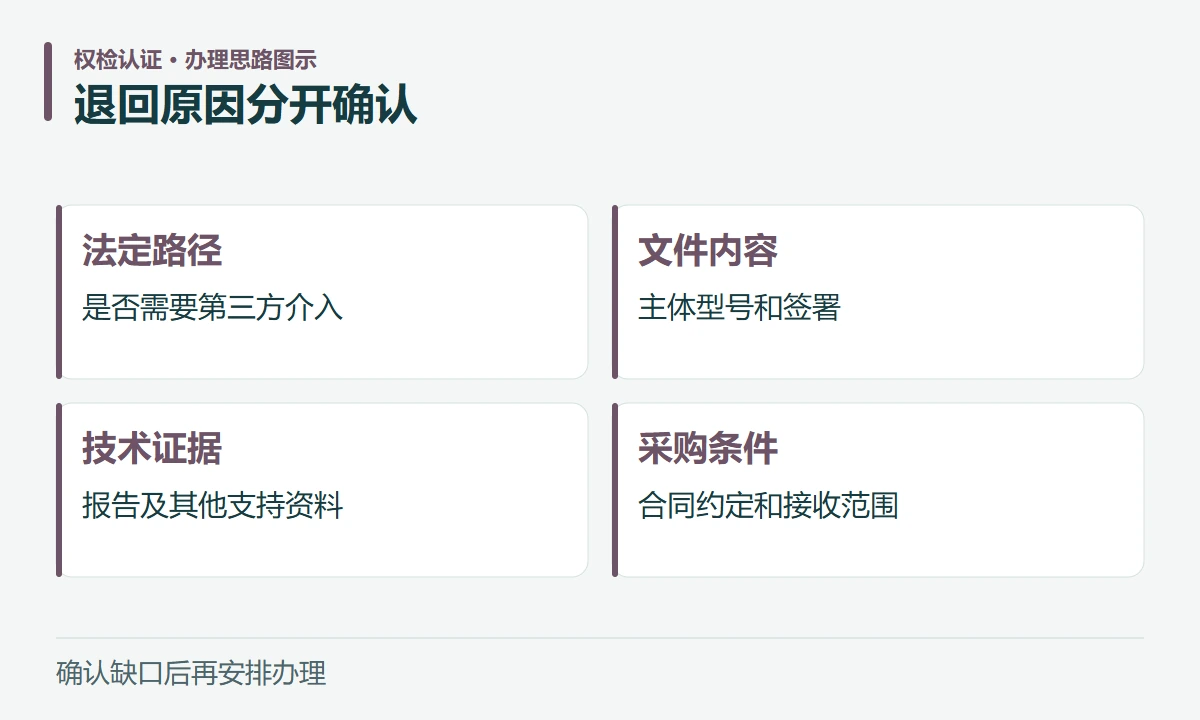 退回原因分开确认:法定路径,是否需要第三方介入;文件内容,主体型号和签署;技术证据,报告及其他支持资料;采购条件,合同约定和接收范围
