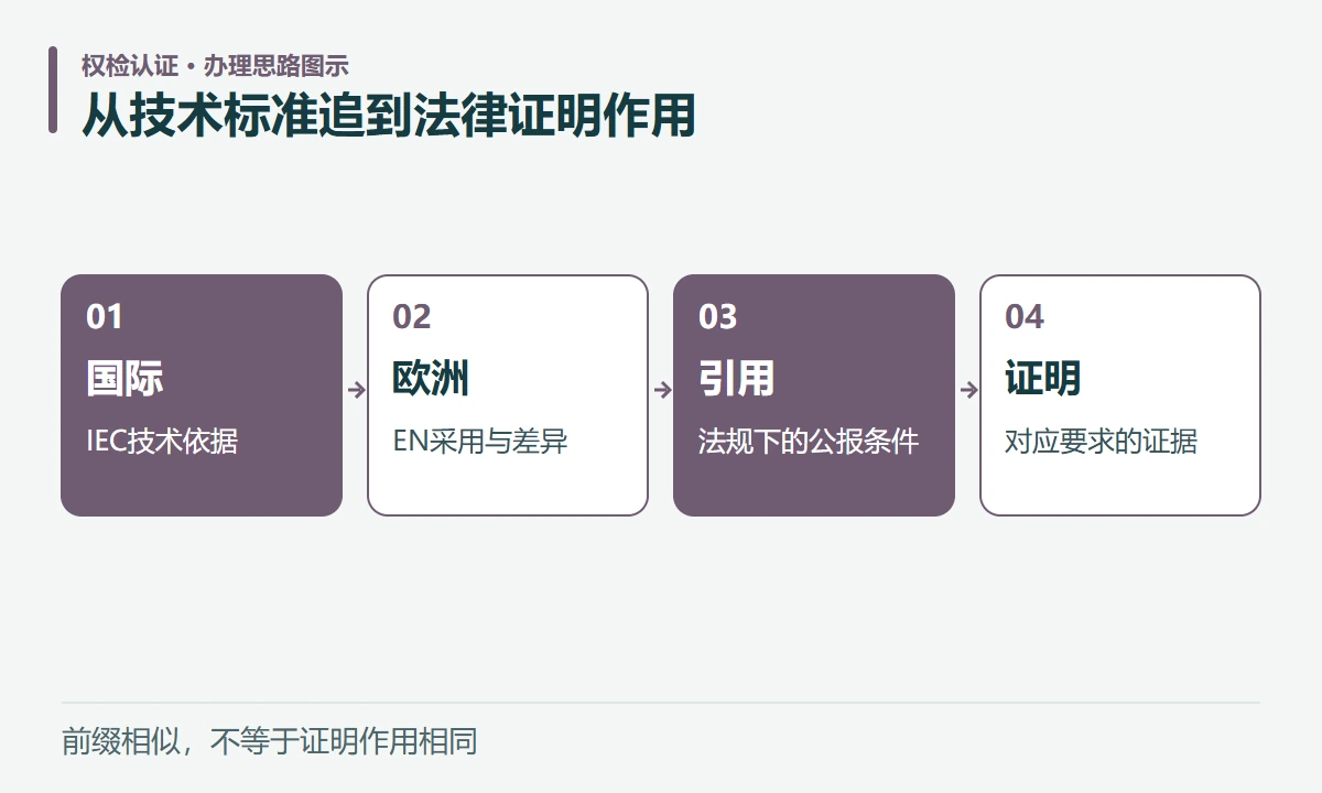 从技术标准追到法律证明作用:国际,IEC技术依据;欧洲,EN采用与差异;引用,法规下的公报条件;证明,对应要求的证据