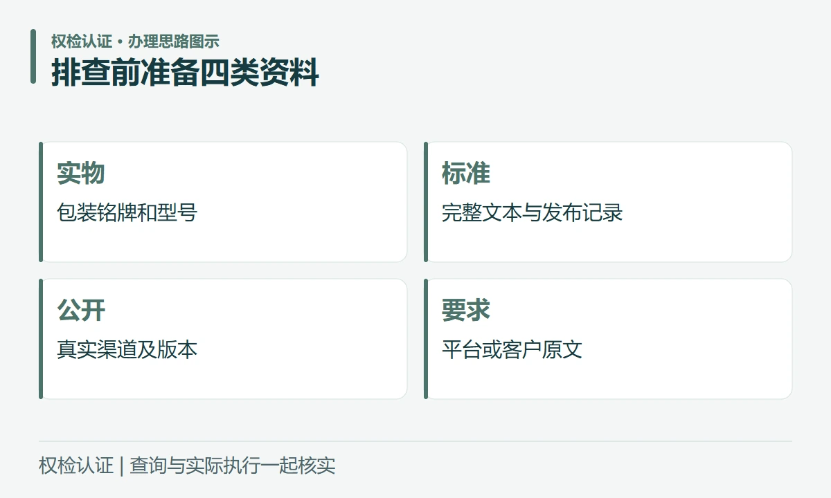 排查前准备四类资料:实物,包装铭牌和型号;标准,完整文本与发布记录;公开,真实渠道及版本;要求,平台或客户原文