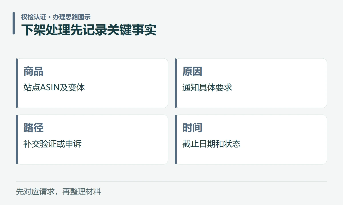 下架处理先记录关键事实:商品,站点ASIN及变体;原因,通知具体要求;路径,补交验证或申诉;时间,截止日期和状态