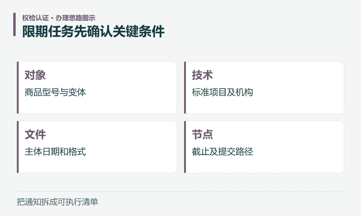 限期任务先确认关键条件:对象,商品型号与变体;技术,标准项目及机构;文件,主体日期和格式;节点,截止及提交路径