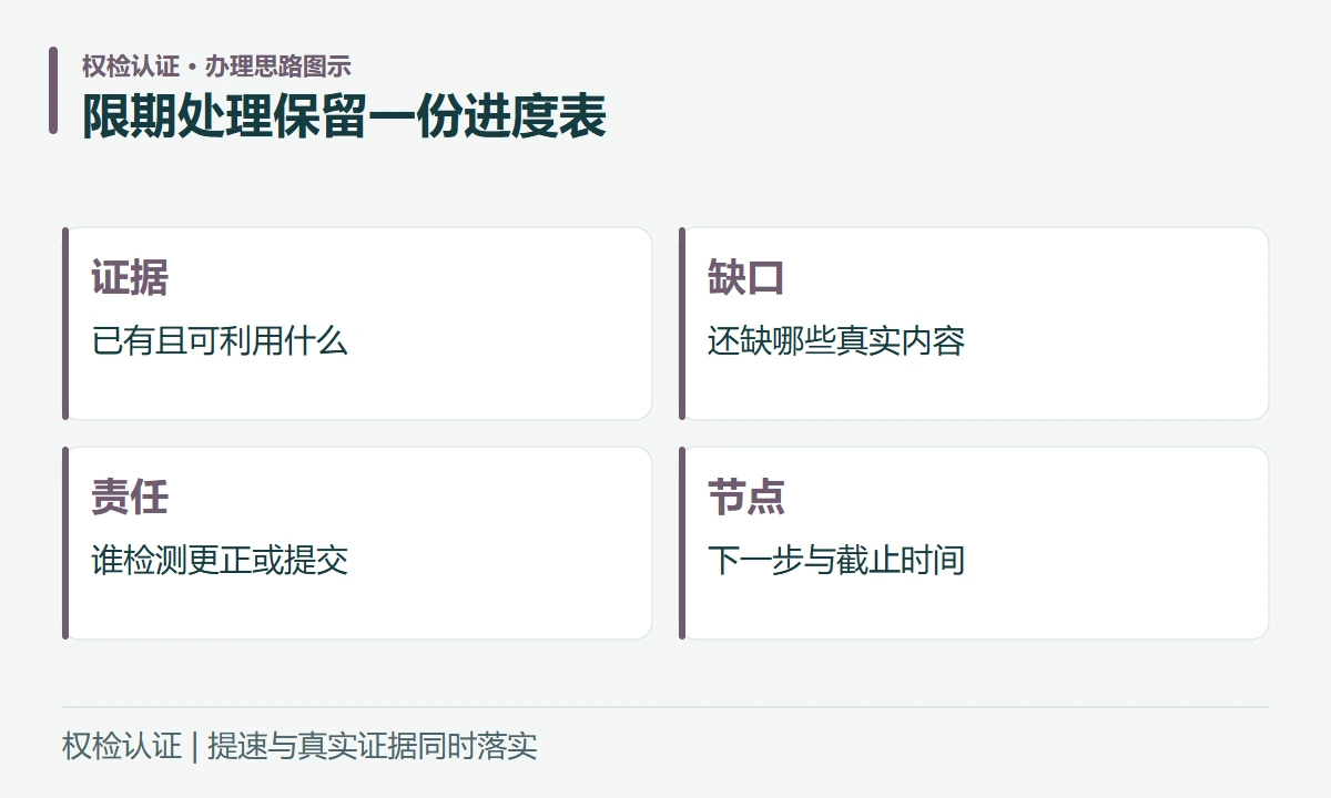限期处理保留一份进度表:证据,已有且可利用什么;缺口,还缺哪些真实内容;责任,谁检测更正或提交;节点,下一步与截止时间