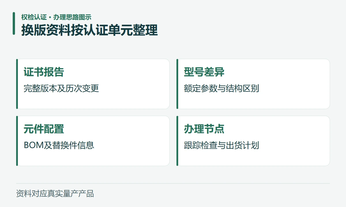 换版资料按认证单元整理:证书报告,完整版本及历次变更;型号差异,额定参数与结构区别;元件配置,BOM及替换件信息;办理节点,跟踪检查与出货计划
