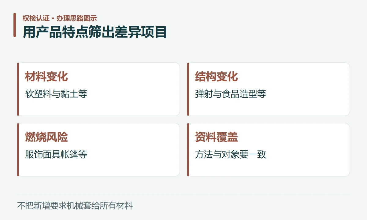 用产品特点筛出差异项目:材料变化,软塑料与黏土等;结构变化,弹射与食品造型等;燃烧风险,服饰面具帐篷等;资料覆盖,方法与对象要一致