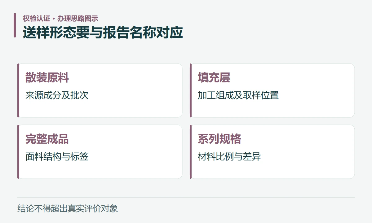 送样形态要与报告名称对应:散装原料,来源成分及批次;填充层,加工组成及取样位置;完整成品,面料结构与标签;系列规格,材料比例与差异