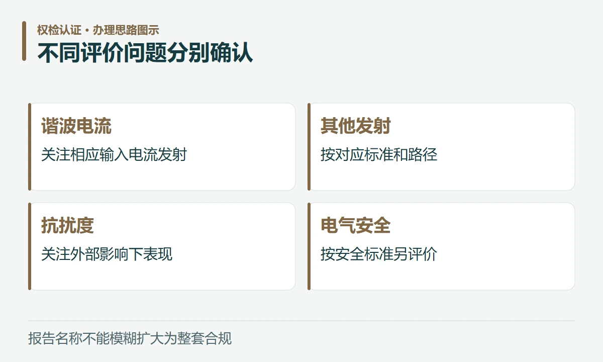 不同评价问题分别确认:谐波电流,关注相应输入电流发射;其他发射,按对应标准和路径;抗扰度,关注外部影响下表现;电气安全,按安全标准另评价