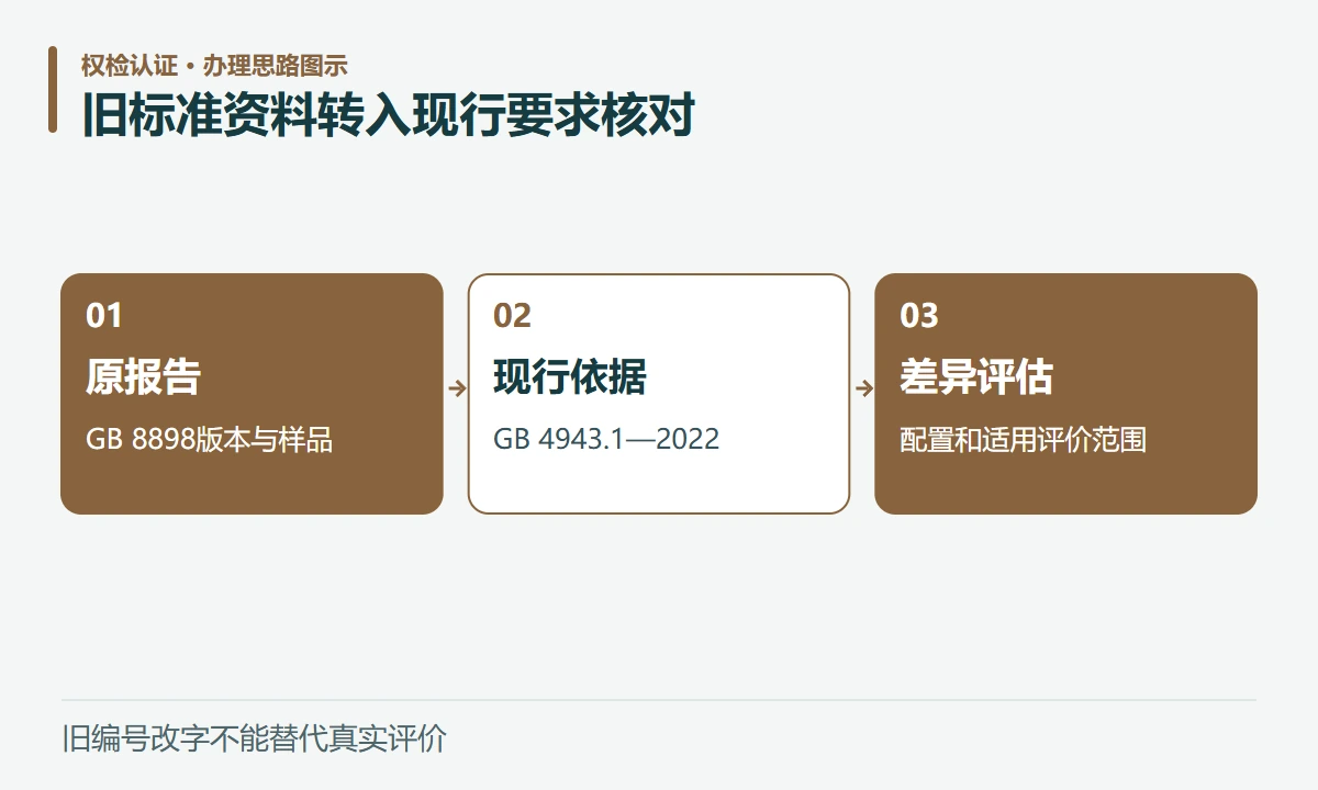 旧标准资料转入现行要求核对:原报告,GB 8898版本与样品;现行依据,GB 4943.1—2022;差异评估,配置和适用评价范围