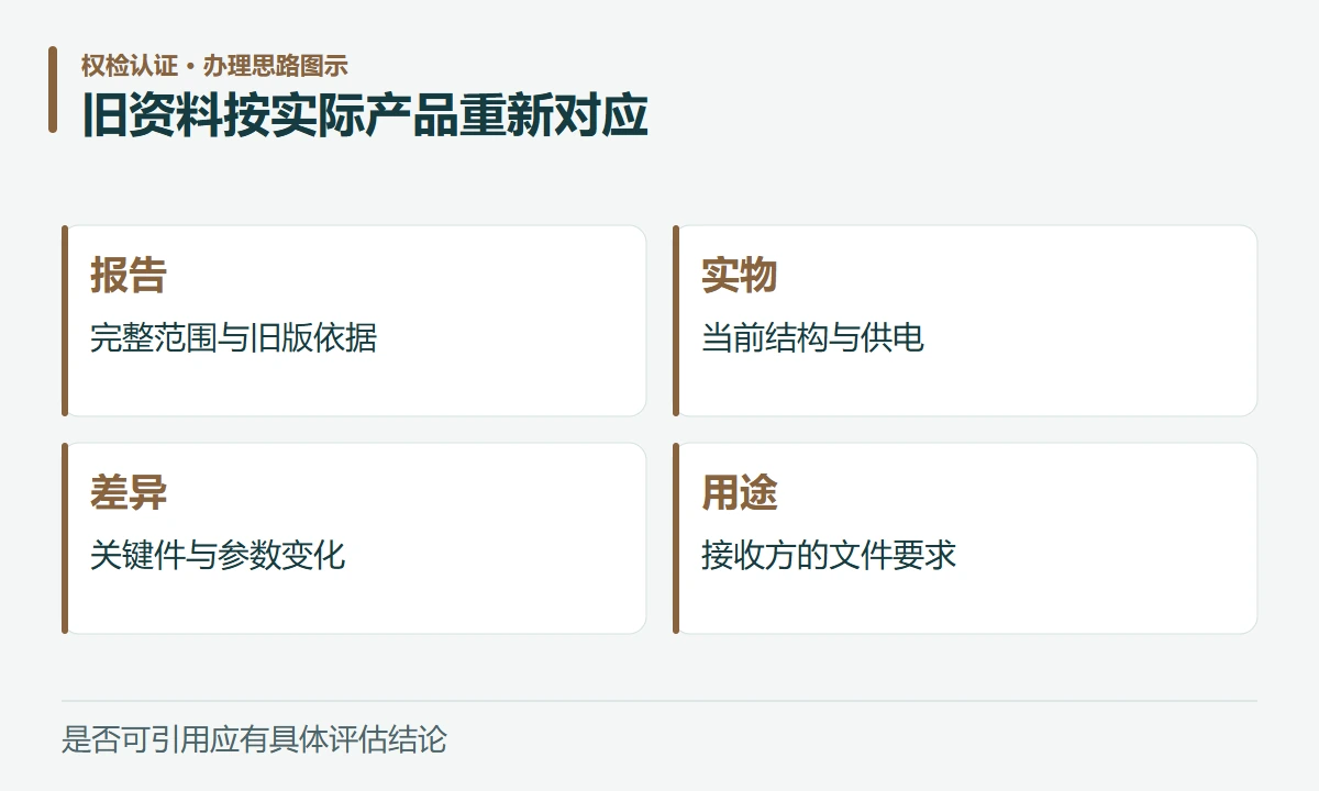 旧资料按实际产品重新对应:报告,完整范围与旧版依据;实物,当前结构与供电;差异,关键件与参数变化;用途,接收方的文件要求