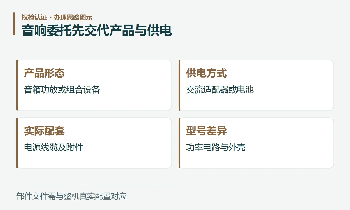 音响委托先交代产品与供电:产品形态,音箱功放或组合设备;供电方式,交流适配器或电池;实际配套,电源线缆及附件;型号差异,功率电路与外壳
