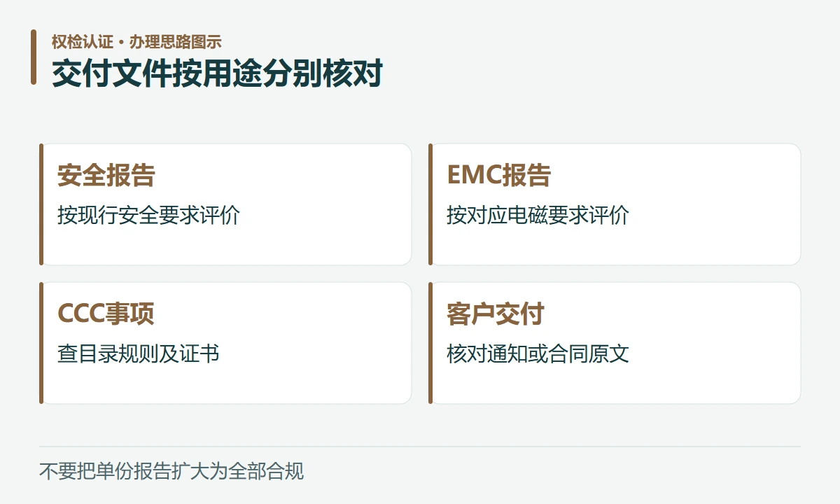 交付文件按用途分别核对:安全报告,按现行安全要求评价;EMC报告,按对应电磁要求评价;CCC事项,查目录规则及证书;客户交付,核对通知或合同原文