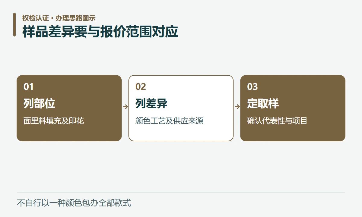 样品差异要与报价范围对应:列部位,面里料填充及印花;列差异,颜色工艺及供应来源;定取样,确认代表性与项目