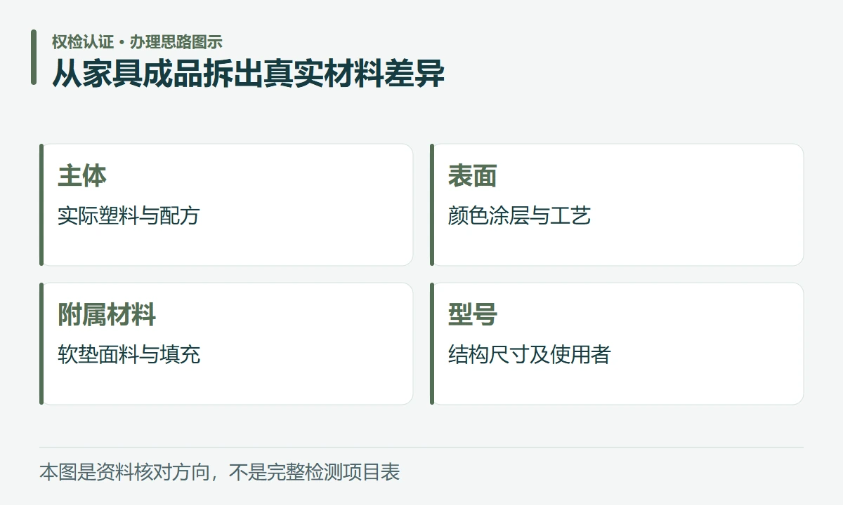 从家具成品拆出真实材料差异:主体,实际塑料与配方;表面,颜色涂层与工艺;附属材料,软垫面料与填充;型号,结构尺寸及使用者