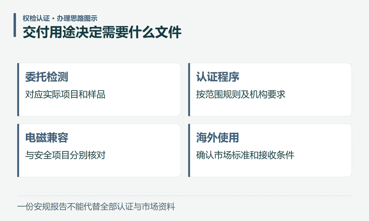 交付用途决定需要什么文件:委托检测,对应实际项目和样品;认证程序,按范围规则及机构要求;电磁兼容,与安全项目分别核对;海外使用,确认市场标准和接收条件