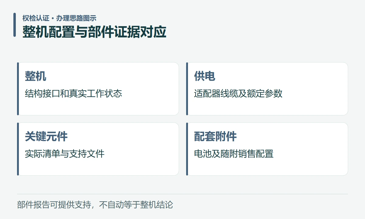 整机配置与部件证据对应:整机,结构接口和真实工作状态;供电,适配器线缆及额定参数;关键元件,实际清单与支持文件;配套附件,电池及随附销售配置