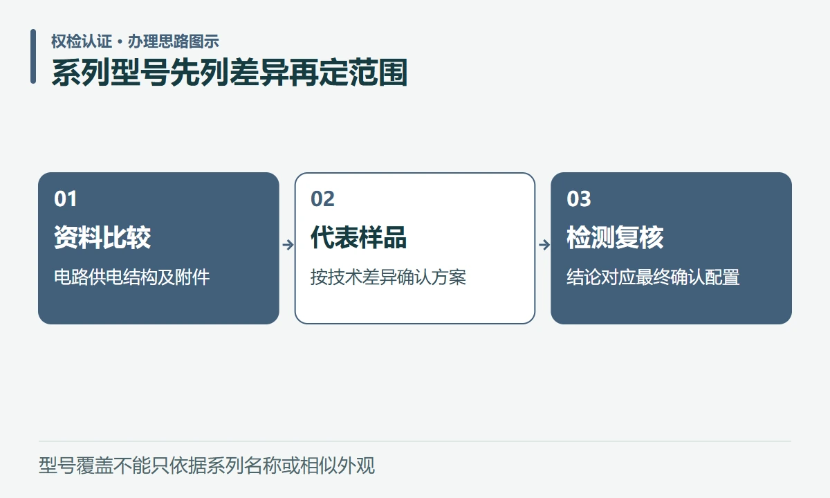 系列型号先列差异再定范围:资料比较,电路供电结构及附件;代表样品,按技术差异确认方案;检测复核,结论对应最终确认配置
