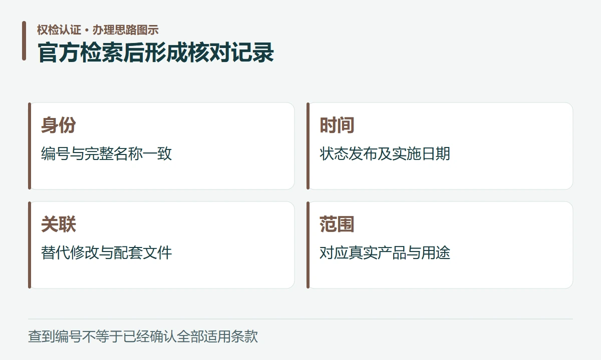 官方检索后形成核对记录:身份,编号与完整名称一致;时间,状态发布及实施日期;关联,替代修改与配套文件;范围,对应真实产品与用途