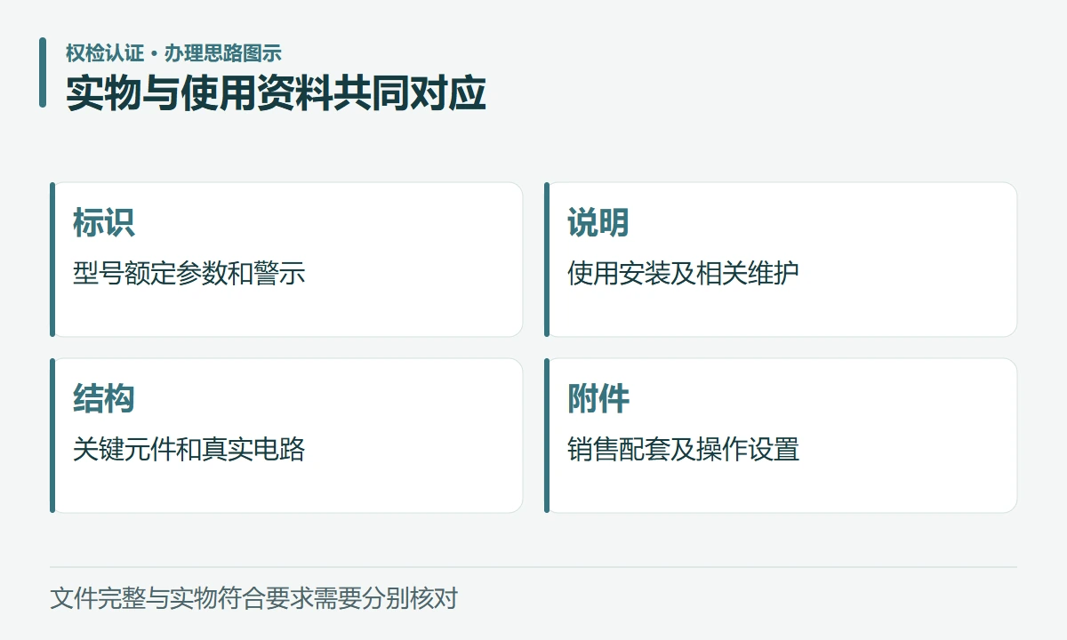 实物与使用资料共同对应:标识,型号额定参数和警示;说明,使用安装及相关维护;结构,关键元件和真实电路;附件,销售配套及操作设置