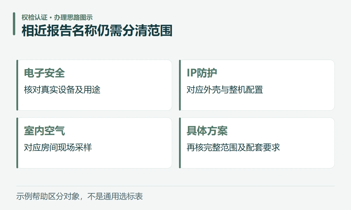 相近报告名称仍需分清范围:电子安全,核对真实设备及用途;IP防护,对应外壳与整机配置;室内空气,对应房间现场采样;具体方案,再核完整范围及配套要求
