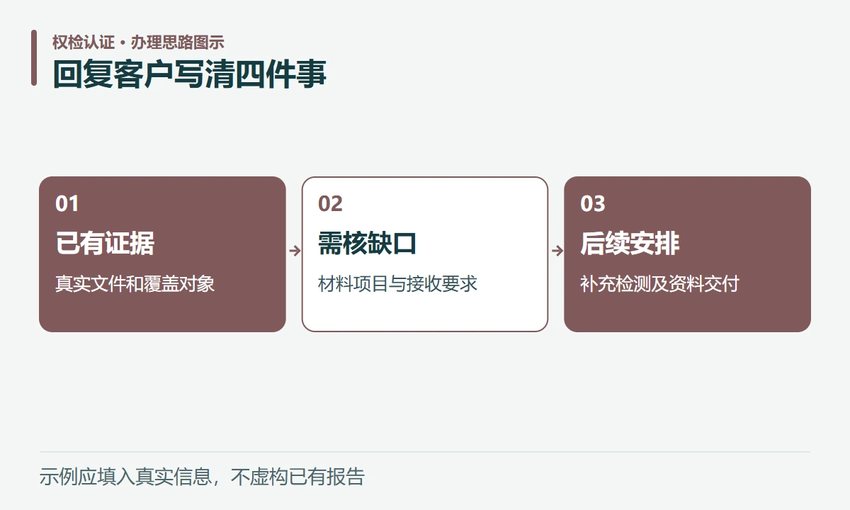 回复客户写清四件事:已有证据,真实文件和覆盖对象;需核缺口,材料项目与接收要求;后续安排,补充检测及资料交付