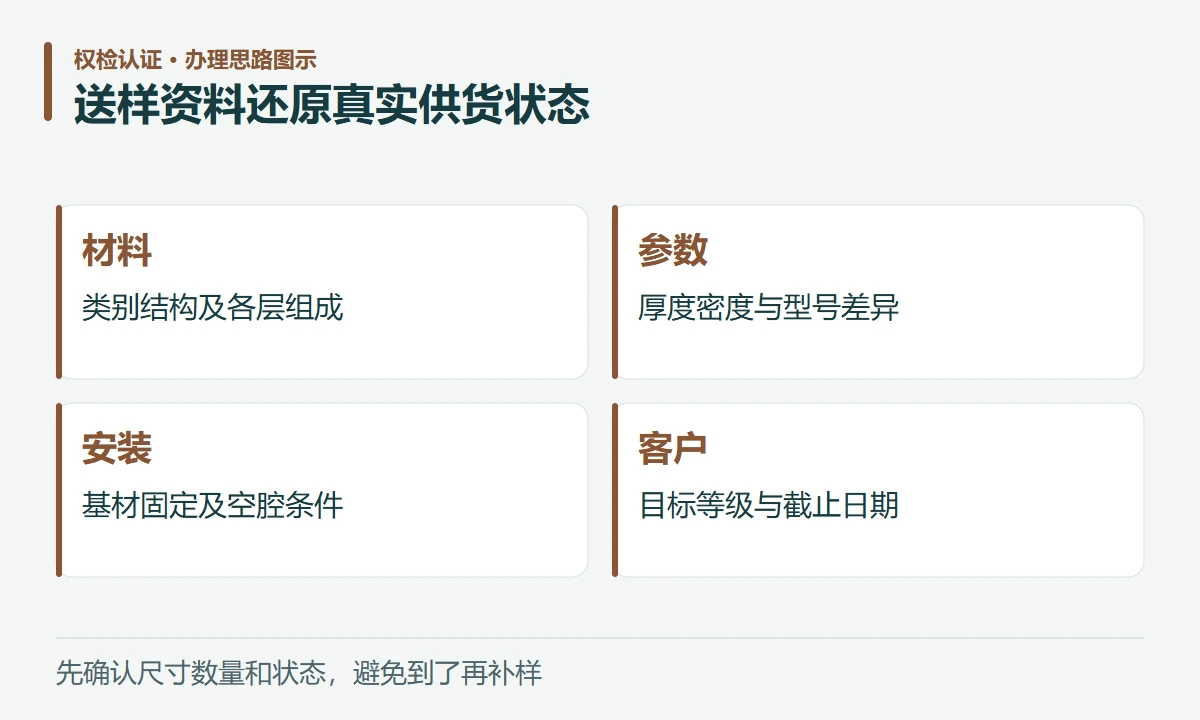 送样资料还原真实供货状态:材料,类别结构及各层组成;参数,厚度密度与型号差异;安装,基材固定及空腔条件;客户,目标等级与截止日期