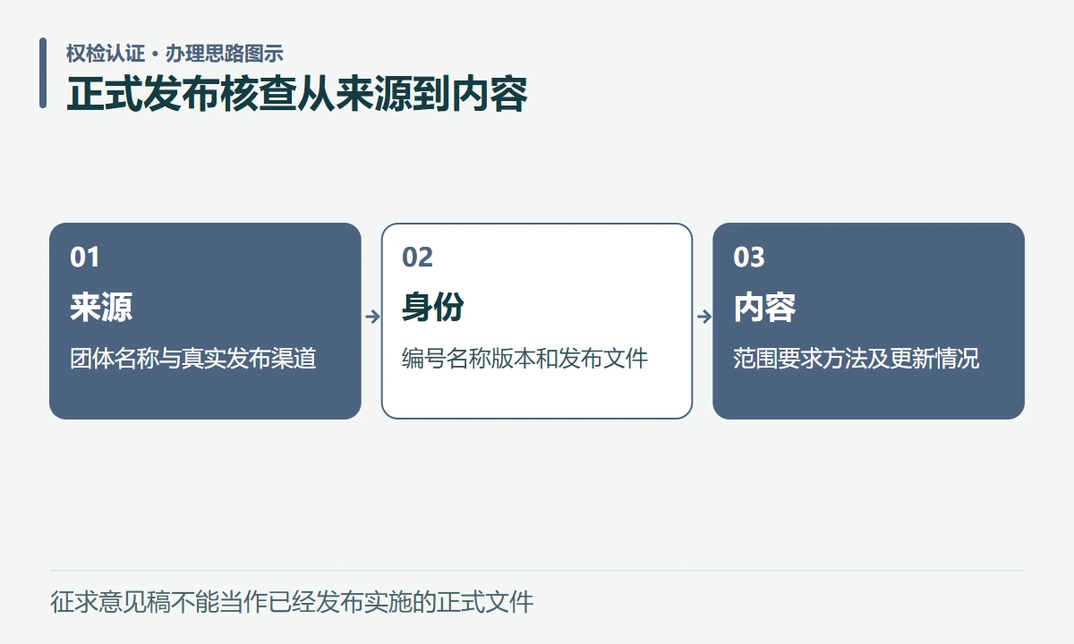 正式发布核查从来源到内容:来源,团体名称与真实发布渠道;身份,编号名称版本和发布文件;内容,范围要求方法及更新情况