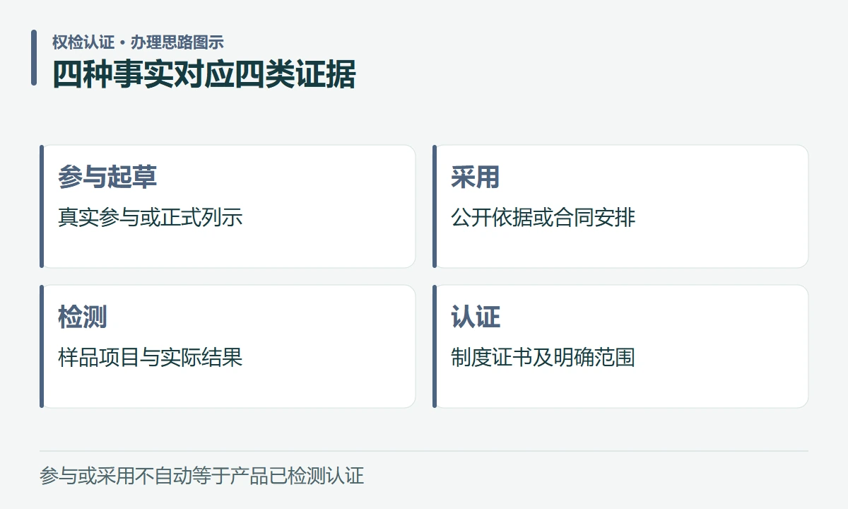 四种事实对应四类证据:参与起草,真实参与或正式列示;采用,公开依据或合同安排;检测,样品项目与实际结果;认证,制度证书及明确范围