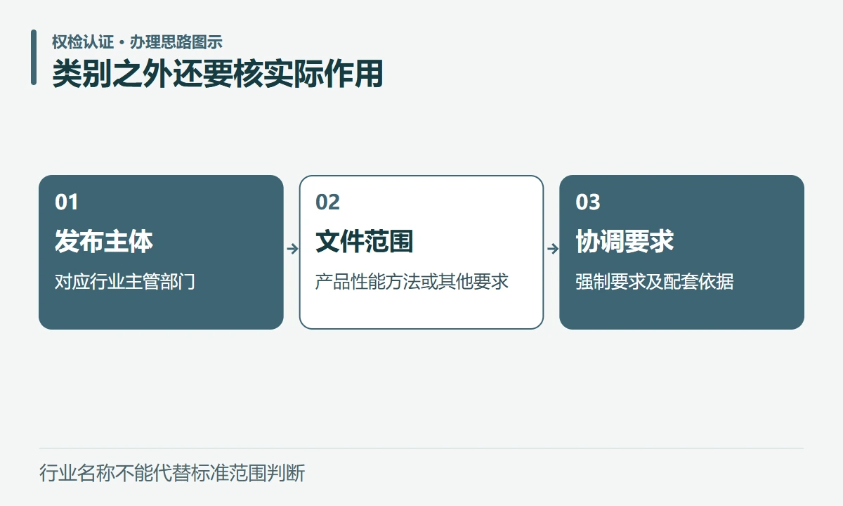 类别之外还要核实际作用:发布主体,对应行业主管部门;文件范围,产品性能方法或其他要求;协调要求,强制要求及配套依据